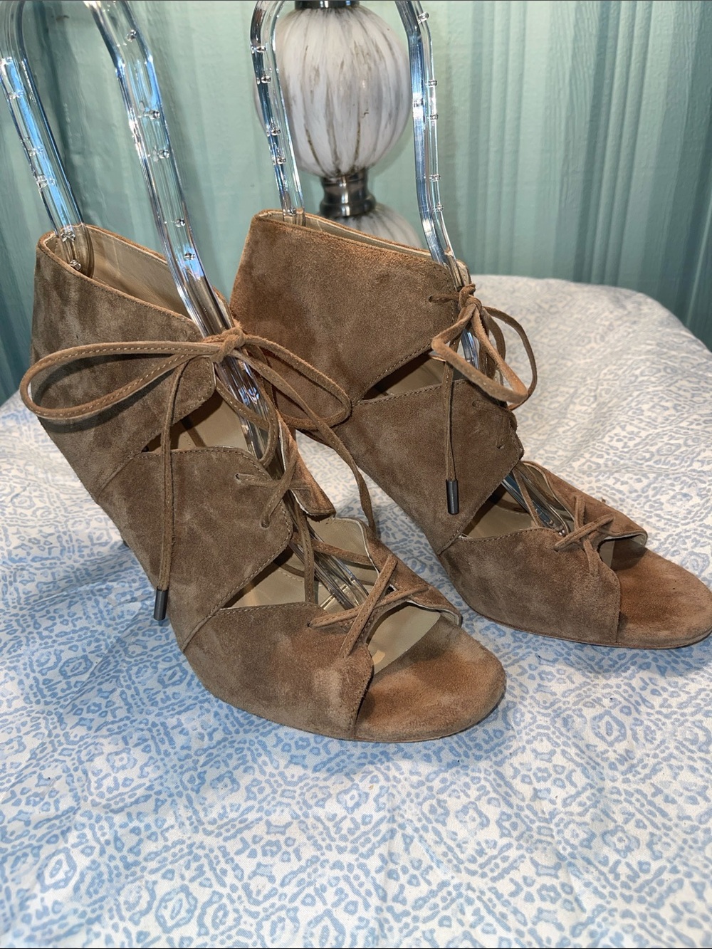 Via Spiga Suede Lace-Up Peep-Toe Heels in Brown